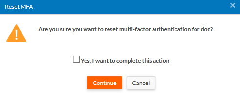 Reset MFA Confirmation screen