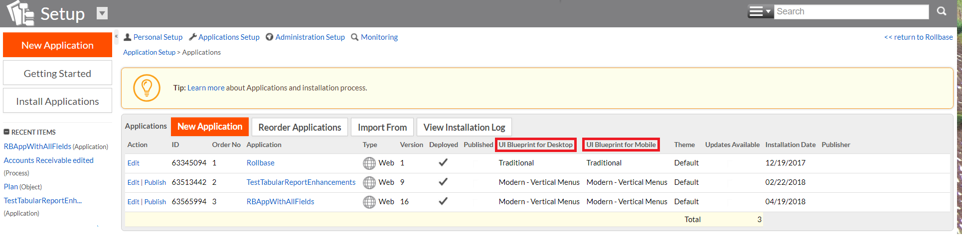 UI Blueprints on Applications Setup Page