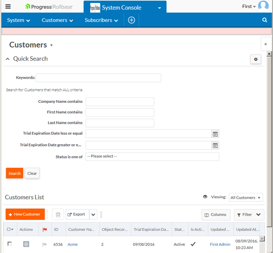 System Console Customers Tab