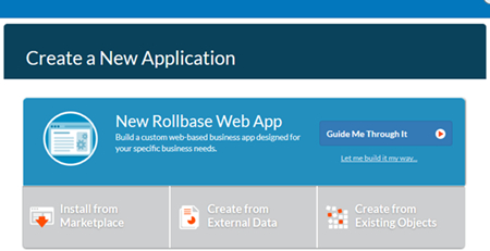 Rollbase - Create a New Application dialog